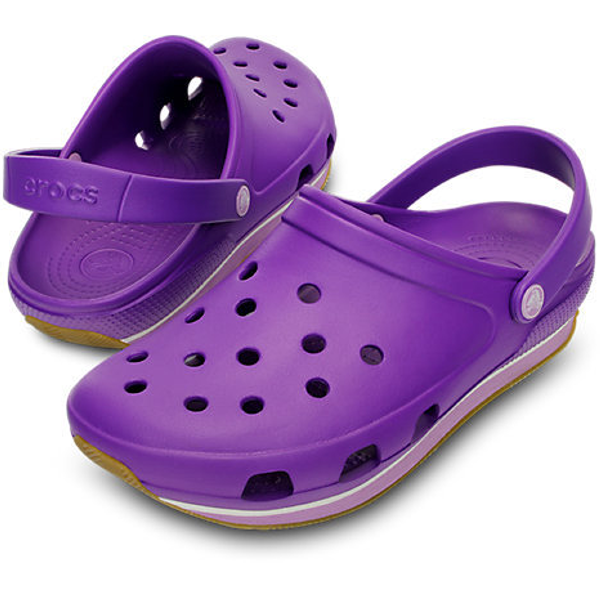 green and purple crocs