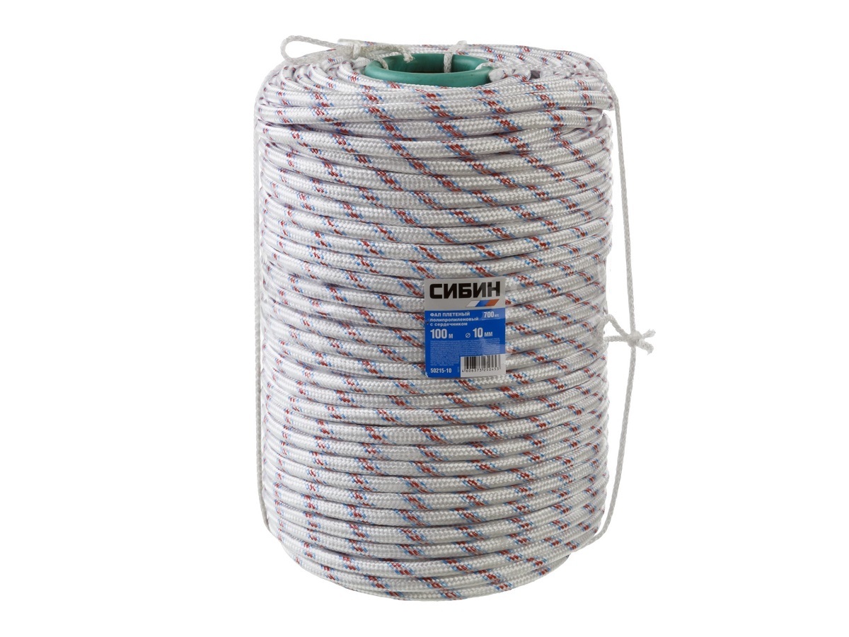Фал плетёный полипропиленовый СИБИН 24-прядный с полипропиленовым сердечником, диаметр 10 мм, бухта 100 м, 700 кгс