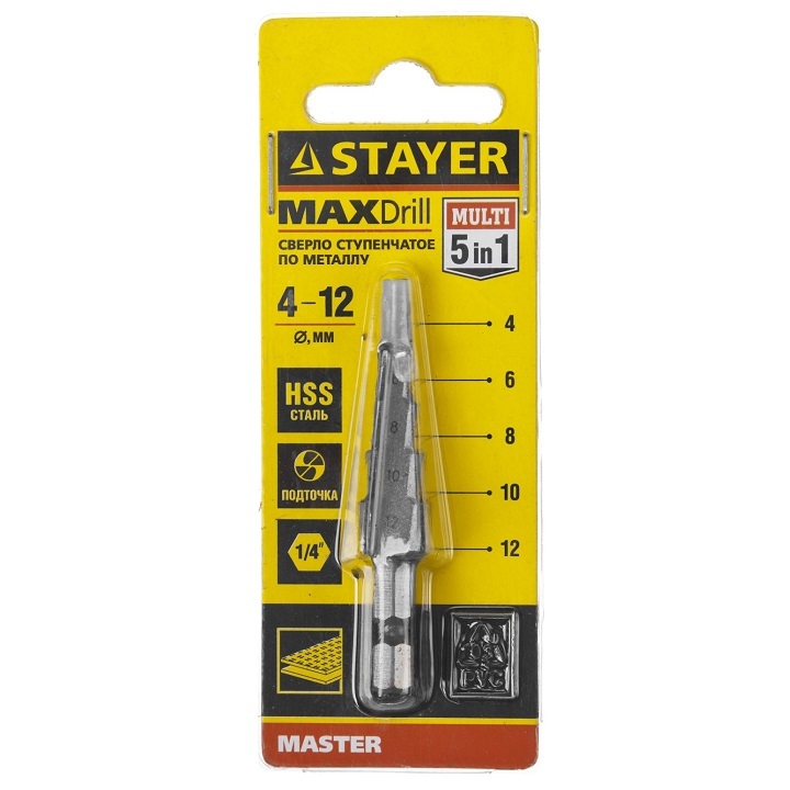 Сверло STAYER "MASTER" ступенчатое по сталям и цвет.мет., сталь HSS, d=4-12мм,5ступ.d 4-6-8-10-12,L-65мм, шестигран.хвост.1/4"