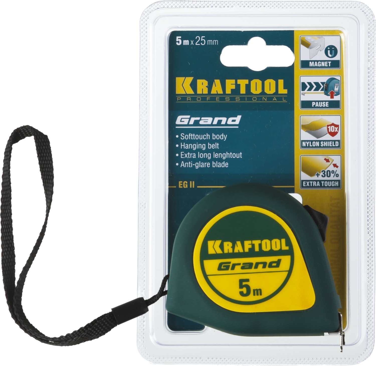 Рулетка KRAFTOOL GRAND, обрезиненный пластиковый корпус, 5м/25мм