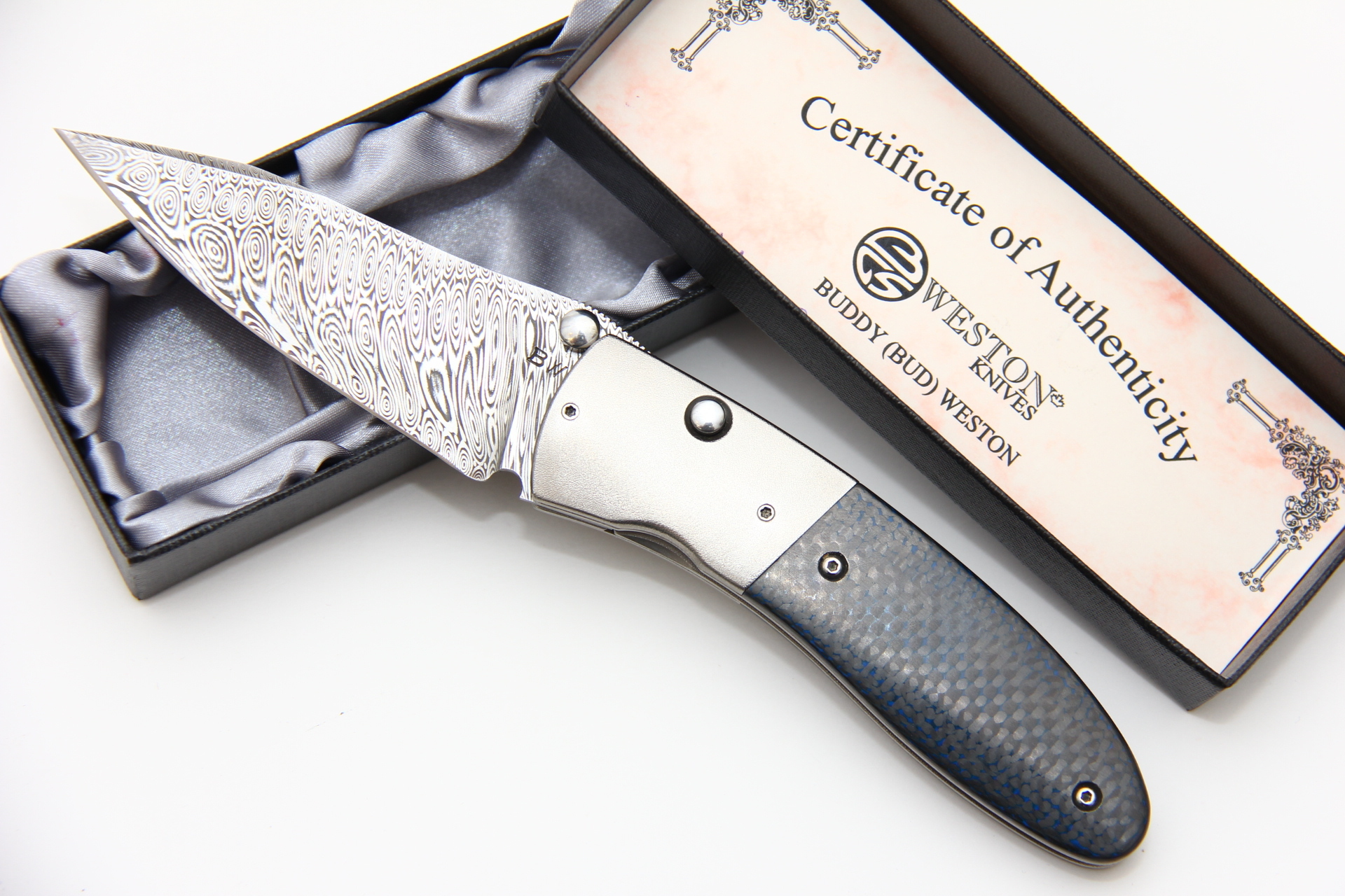 Нож Буди Вэстона Дамаск карбон синий Buddy Weston custom